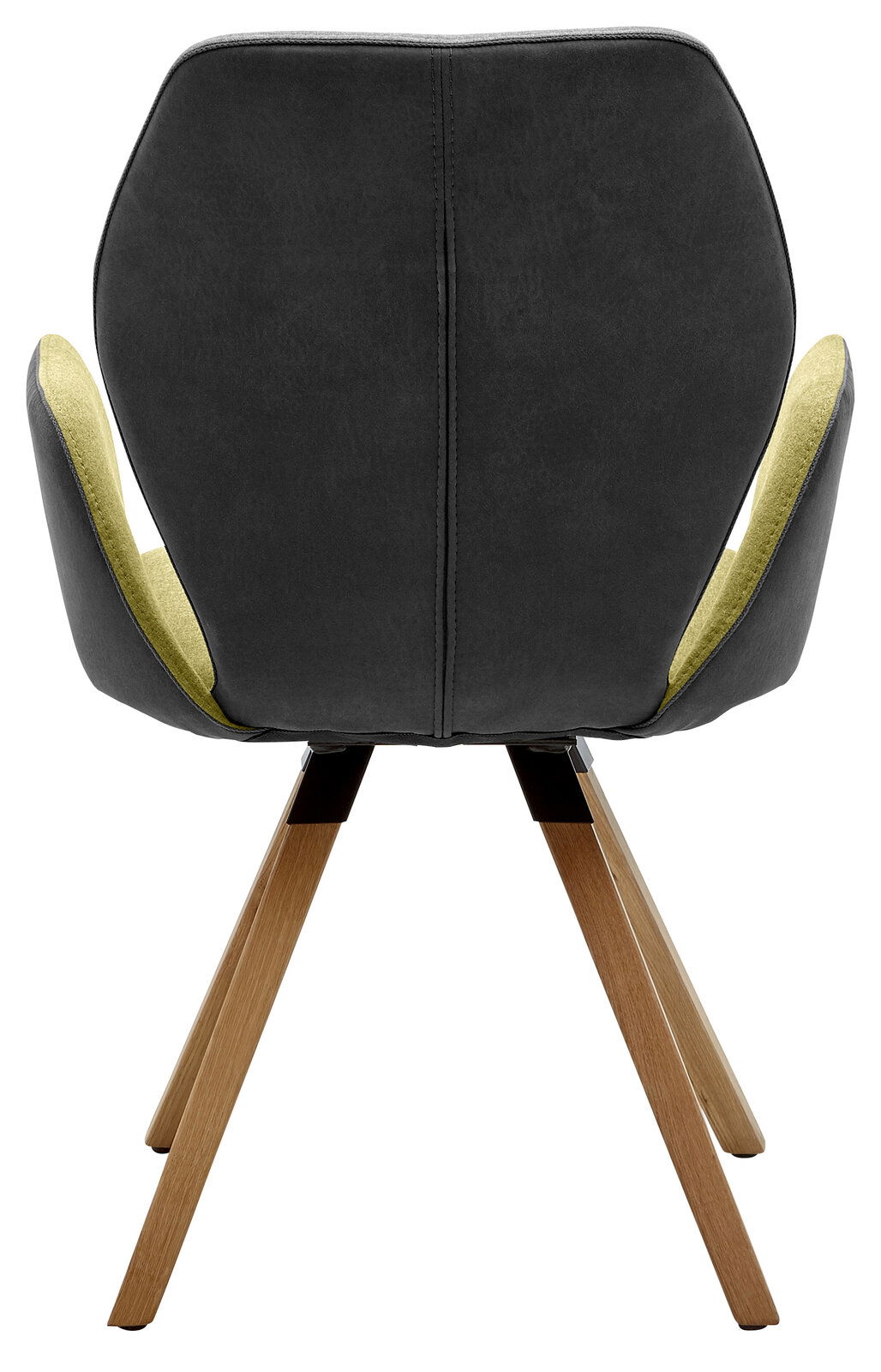 Rückansicht eines Armlehnenstuhls mit schwarzer Rückenlehne, grüner Innenseite und Holzbeinen.