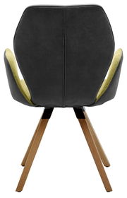 Rückansicht eines Armlehnenstuhls mit schwarzer Rückenlehne, grüner Innenseite und Holzbeinen.