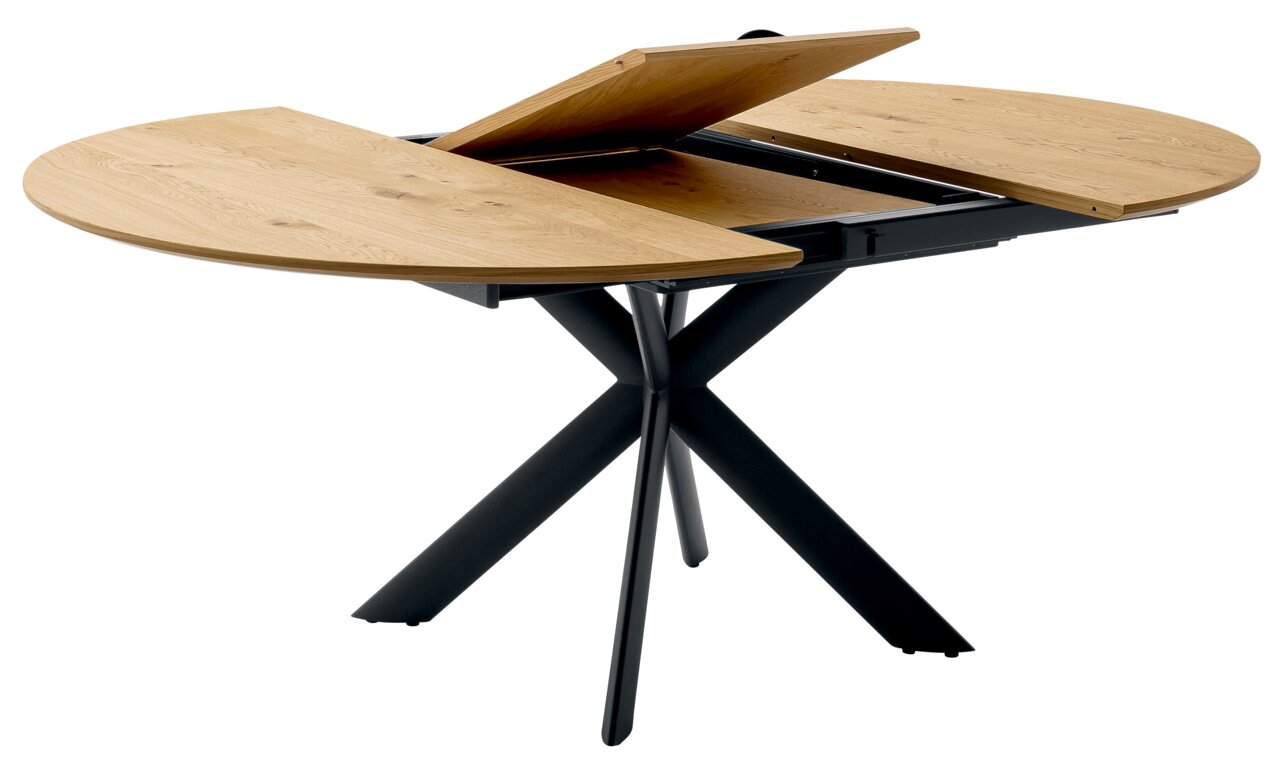 Runder Esstisch mit ausziehbarer Holzplatte und schwarzem Metallgestell, seitliche Perspektive