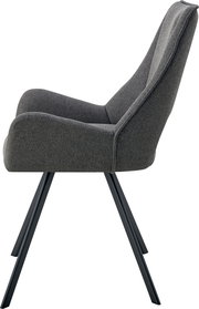 Gepolsterter Esszimmerstuhl mit Armlehnen in dunkelgrauem Stoffbezug und schwarzen Metallbeinen, Seitenansicht von links