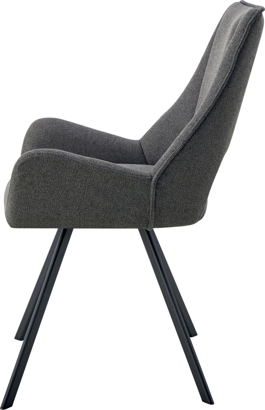 Gepolsterter Esszimmerstuhl mit Armlehnen in dunkelgrauem Stoffbezug und schwarzen Metallbeinen, Seitenansicht von links