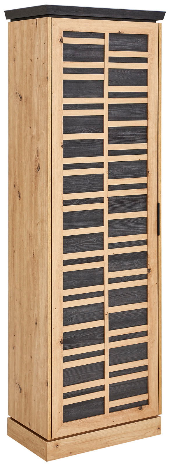 Garderobenschrank aus Holz mit schwarzer Front, seitliche Perspektive