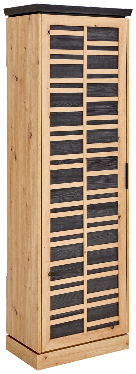 Garderobenschrank aus Holz mit schwarzer Front, seitliche Perspektive