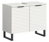 Moderner Waschbeckenunterschrank mit weißer, gerippter Front und schwarzen Metallbeinen, seitliche Perspektive