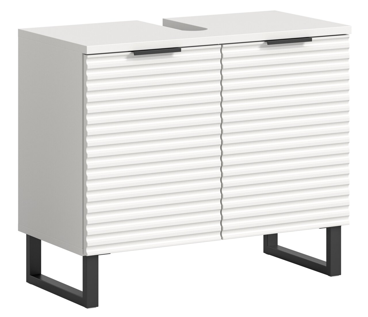 MID.YOU Waschbeckenunterschrank RIFF Moderner Waschbeckenunterschrank mit weißer, gerippter Front und schwarzen Metallbeinen, seitliche Perspektive