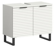 Moderner Waschbeckenunterschrank mit weißer, gerippter Front und schwarzen Metallbeinen, seitliche Perspektive