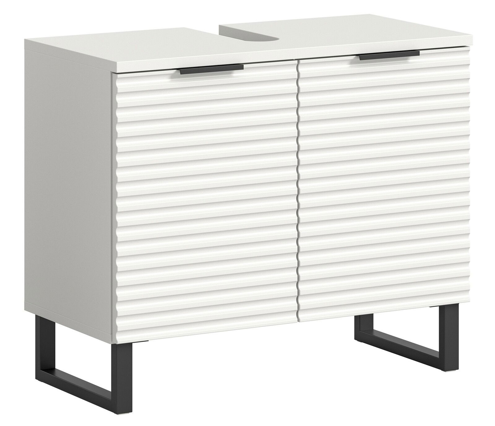 Moderner Waschbeckenunterschrank mit weißer, gerippter Front und schwarzen Metallbeinen, seitliche Perspektive