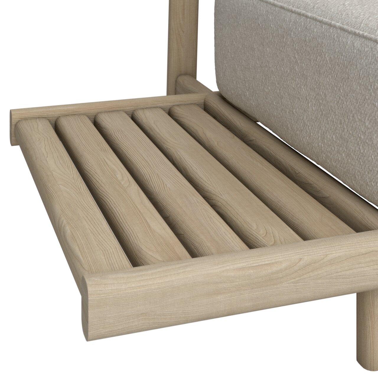 Nahaufnahme einer Loungeeckgarnitur mit Holzlatten und Polster, seitliche Perspektive