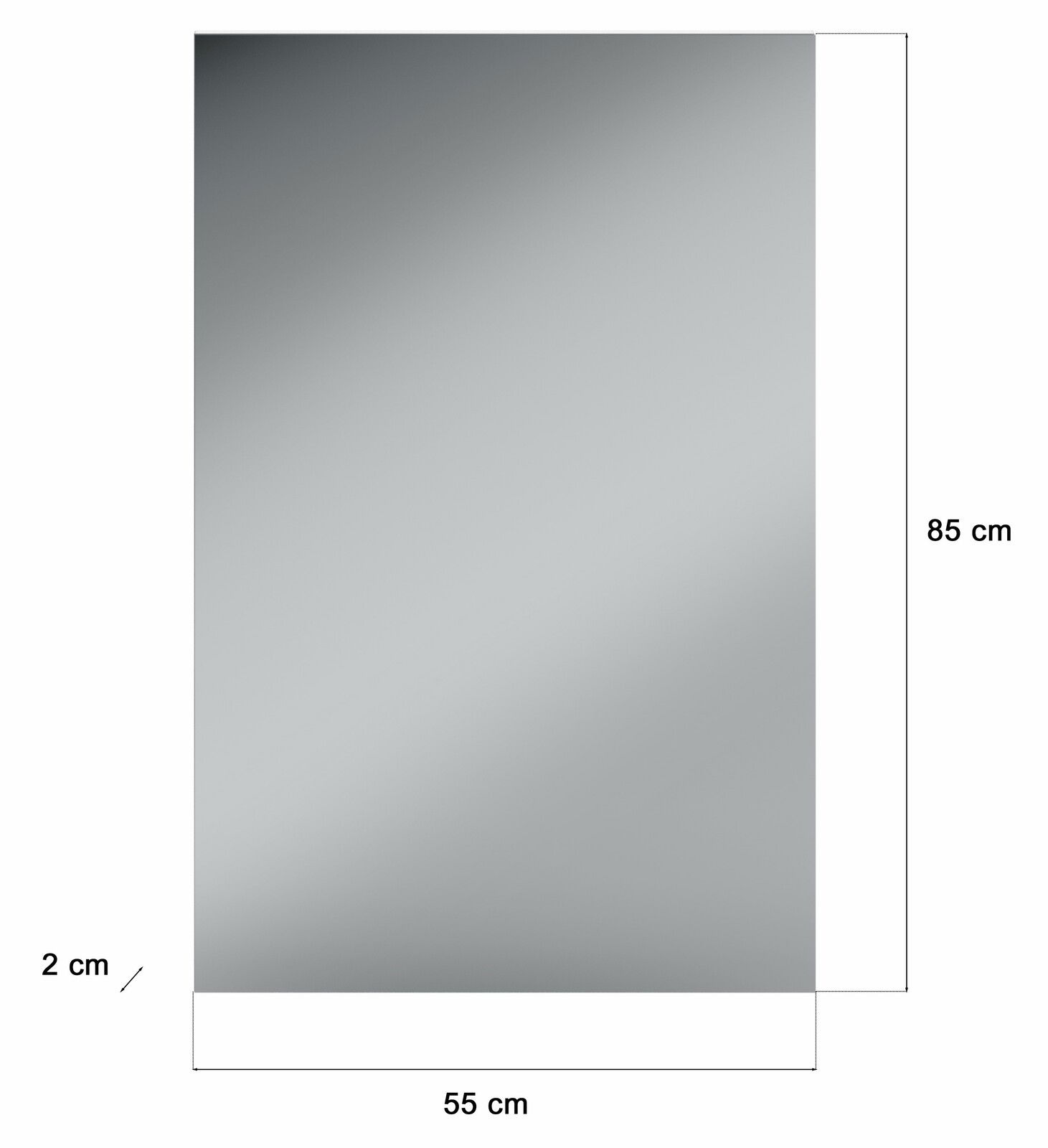 Rechteckiger Spiegel mit den Maßen 85 cm x 55 cm, seitliche Ansicht
