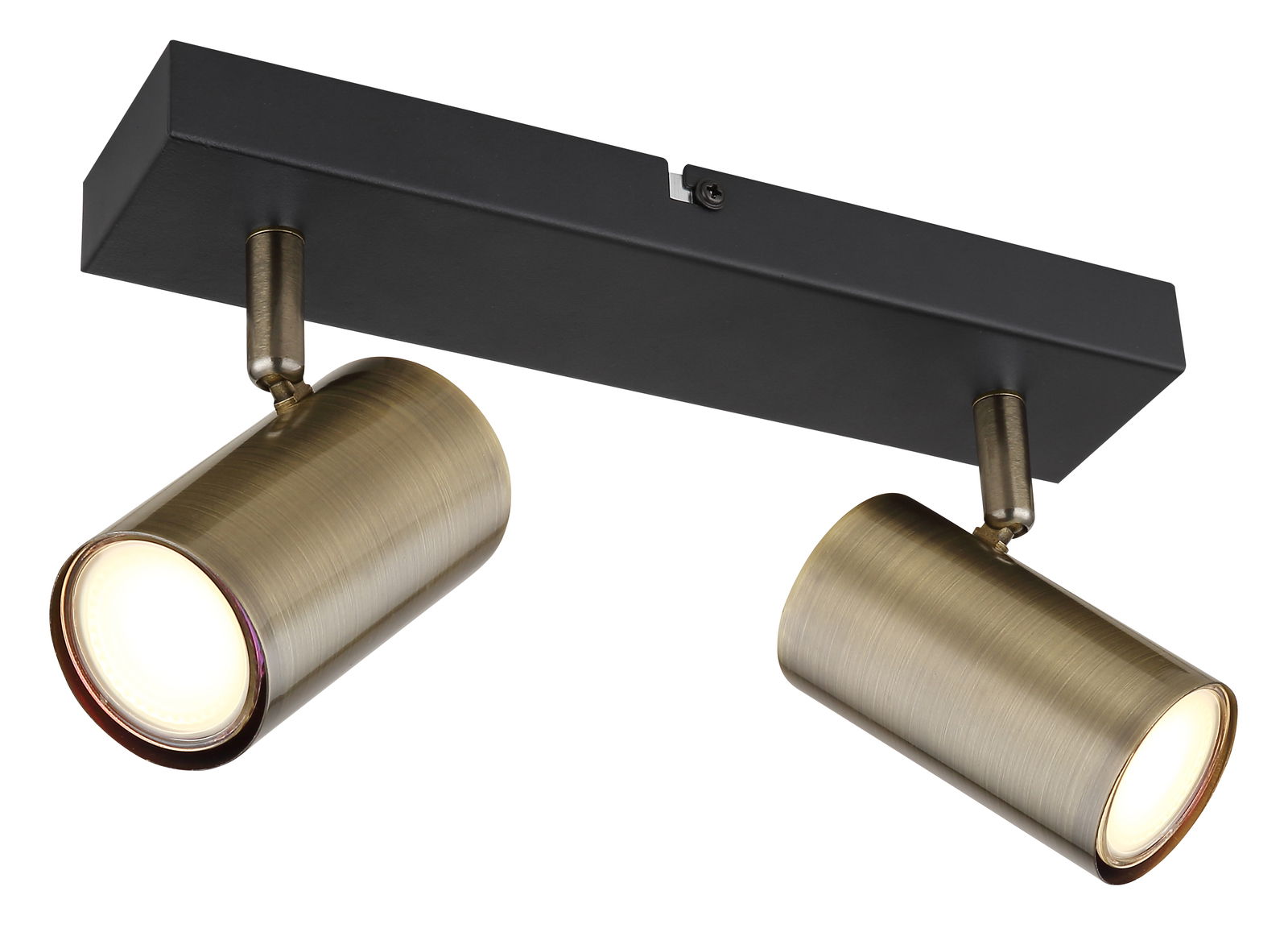 Zweiflammiger Strahler in Altmessing mit rechteckiger schwarzer Deckenhalterung, seitliche Perspektive.