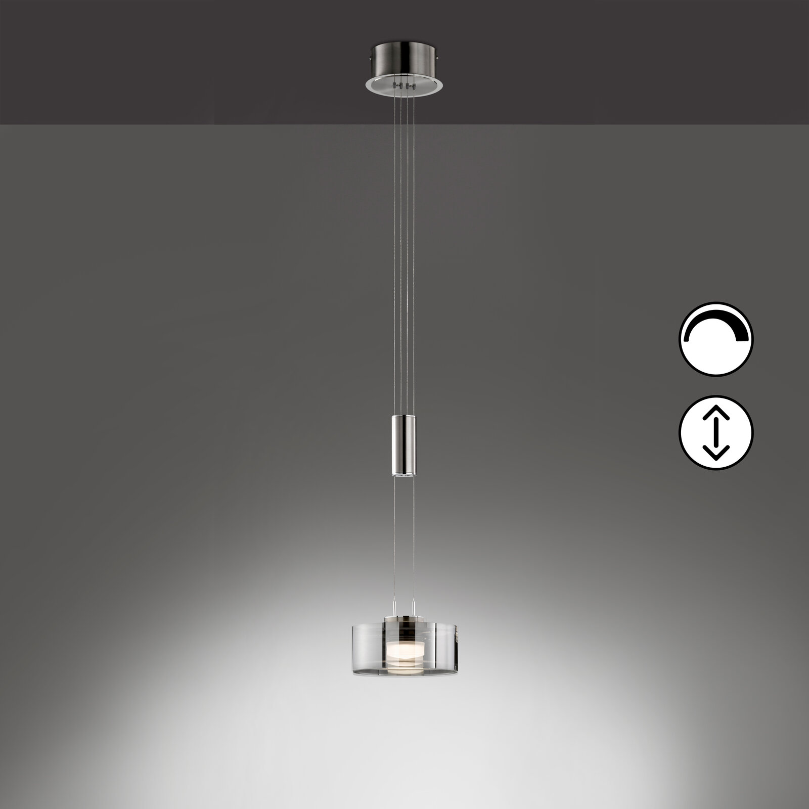 Moderne Pendelleuchte mit rundem Deckenbaldachin und zylindrischem Glas-/Metall-Lampenkopf, höhenverstellbar an Seilaufhängung, freigestellt vor grauem Hintergrund, Frontalansicht.