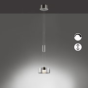 Moderne Pendelleuchte mit rundem Deckenbaldachin und zylindrischem Glas-/Metall-Lampenkopf, höhenverstellbar an Seilaufhängung, freigestellt vor grauem Hintergrund, Frontalansicht.