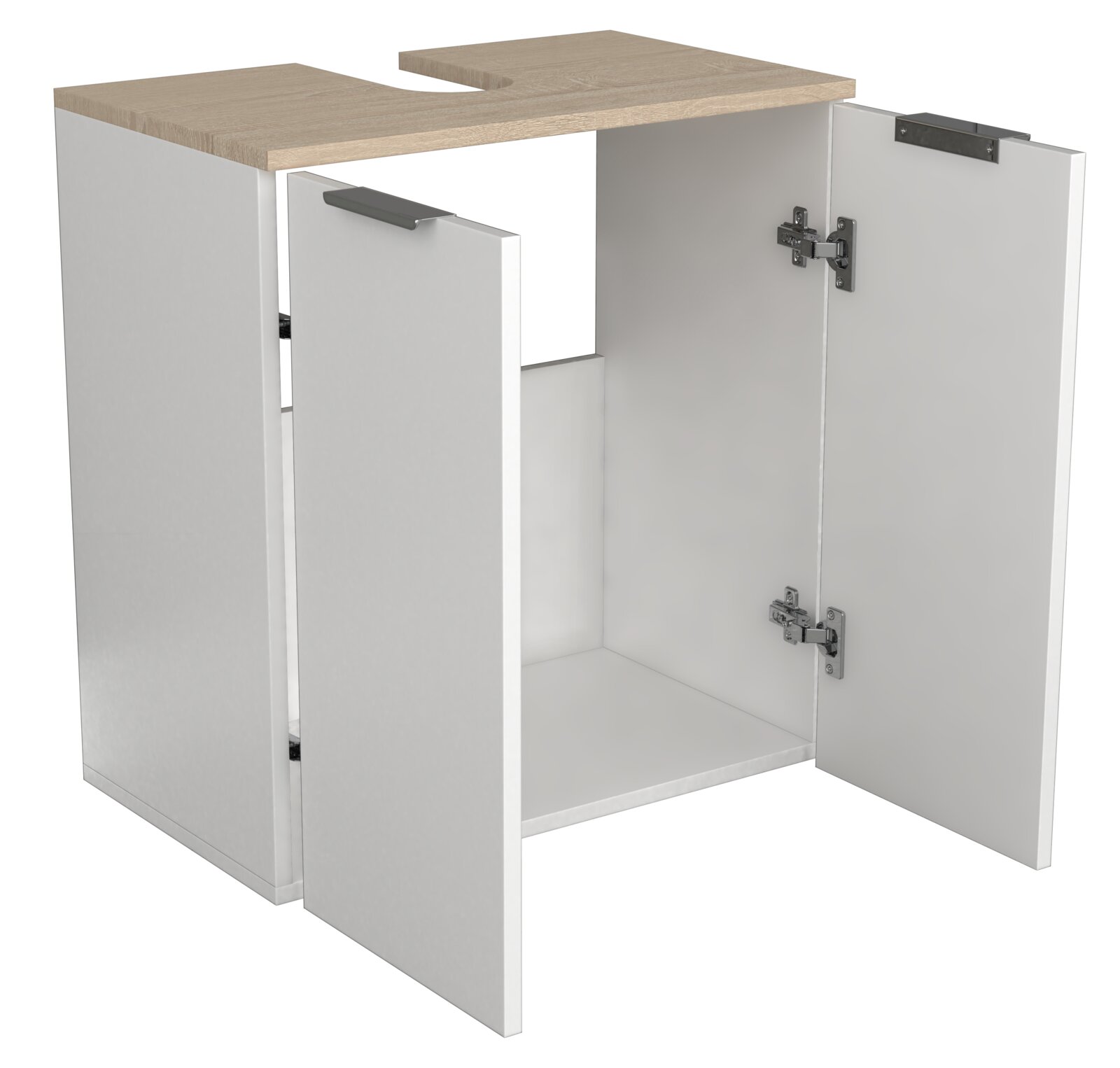 Weißer Waschtischunterschrank mit zwei geöffneten Türen, Holzoptik-Abdeckplatte mit Ausschnitt für Siphon und Metallgriffen, freigestellt vor weißem Hintergrund, Perspektive: schräg von vorne rechts (leicht von oben)