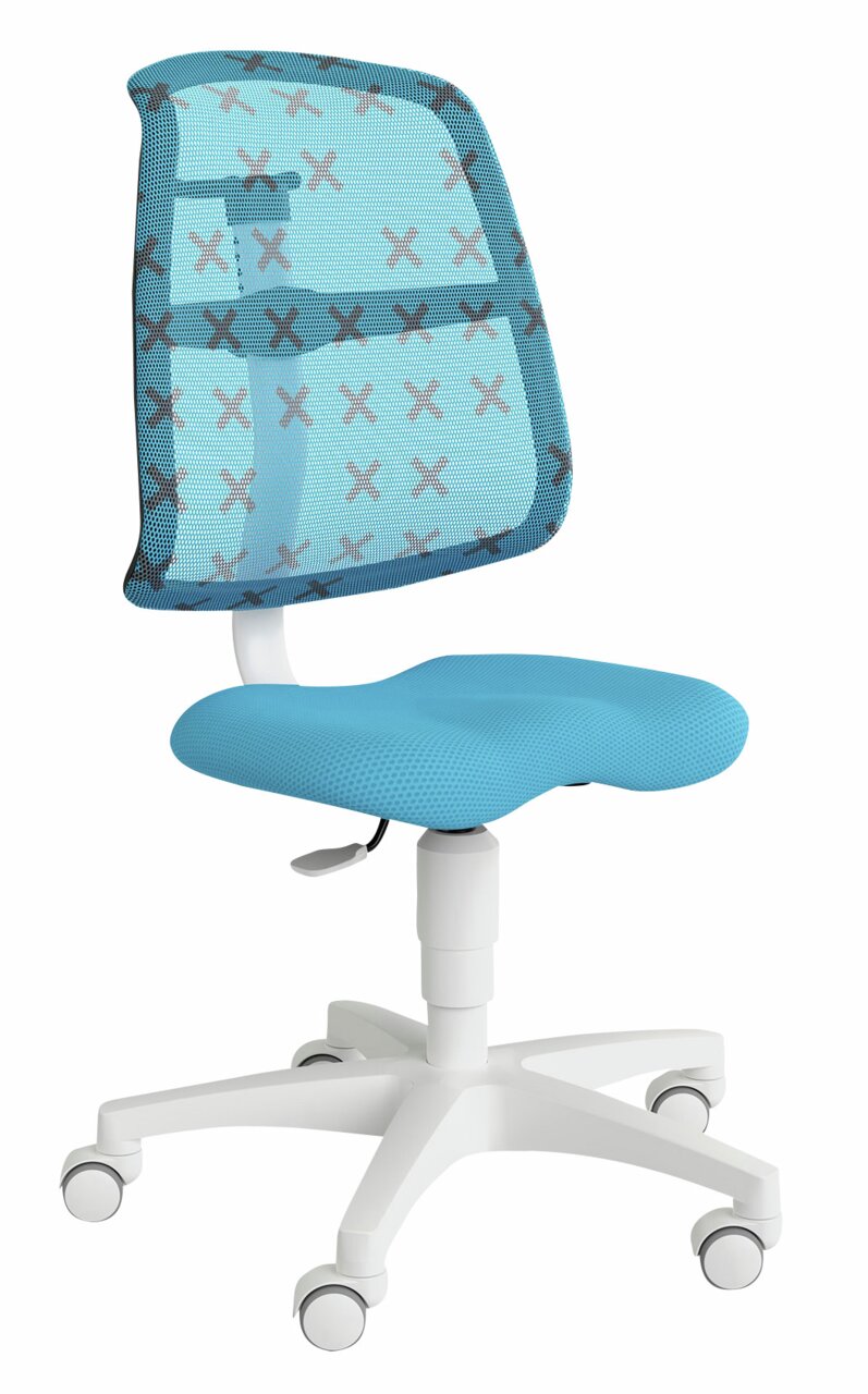 Moderne draaistoel voor jongeren in blauw met een rugleuning van gaas en witte wieltjes, zijaanzicht