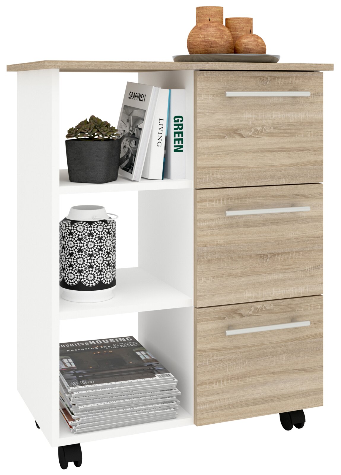 Rollcontainer/Beistellschrank in Weiß und Eiche-Optik mit drei Schubladen und offenen Regalfächern, seitliche Ansicht schräg von vorn