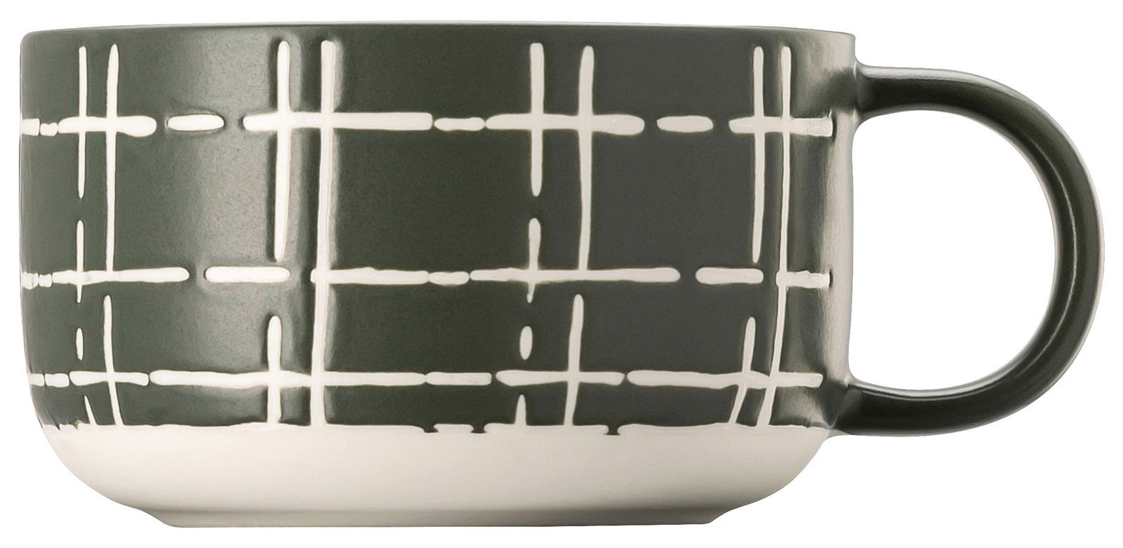 Thomas Kaffeetasse FUN Seitliche Ansicht einer Kombi-Obertasse mit dunkelgrünem, kreuzförmigem Muster auf weißem Hintergrund.
