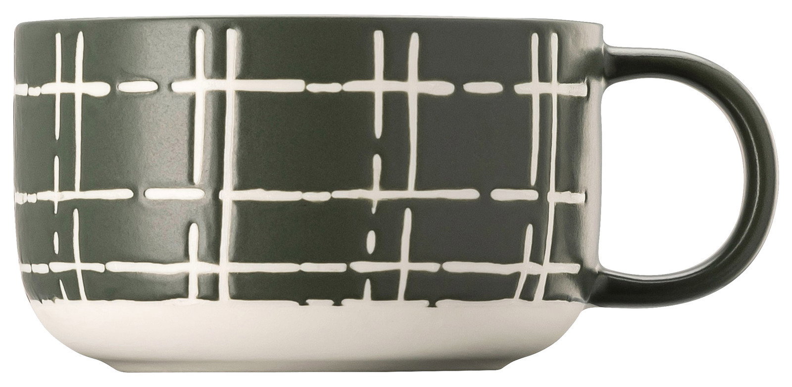 Seitliche Ansicht einer Kombi-Obertasse mit dunkelgrünem, kreuzförmigem Muster auf weißem Hintergrund.