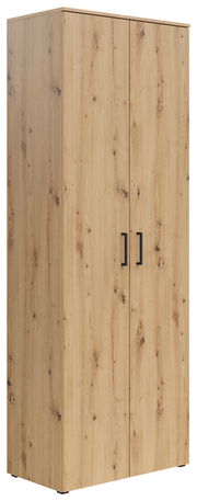 Mehrzweckschrank aus Holz mit zwei Türen und schwarzen Griffen, seitliche Perspektive