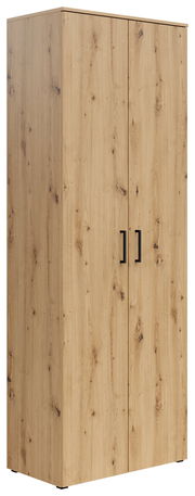 Mehrzweckschrank aus Holz mit zwei Türen und schwarzen Griffen, seitliche Perspektive