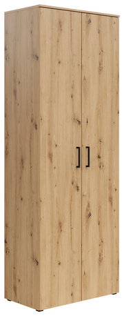 Mehrzweckschrank aus Holz mit zwei Türen und schwarzen Griffen, seitliche Perspektive