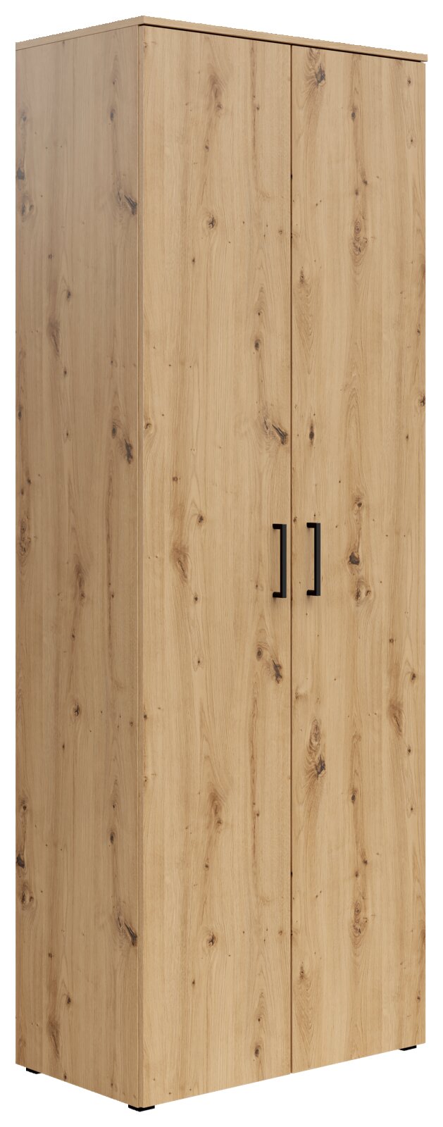 Mehrzweckschrank aus Holz mit zwei Türen und schwarzen Griffen, seitliche Perspektive