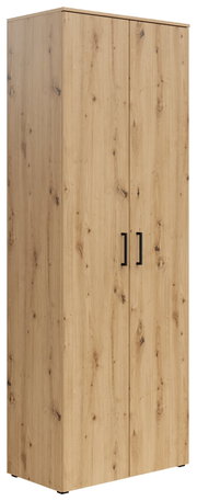Mehrzweckschrank aus Holz mit zwei Türen und schwarzen Griffen, seitliche Perspektive