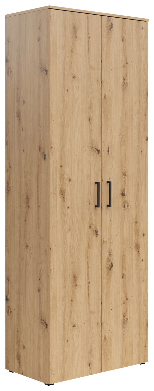Mehrzweckschrank aus Holz mit zwei Türen und schwarzen Griffen, seitliche Perspektive