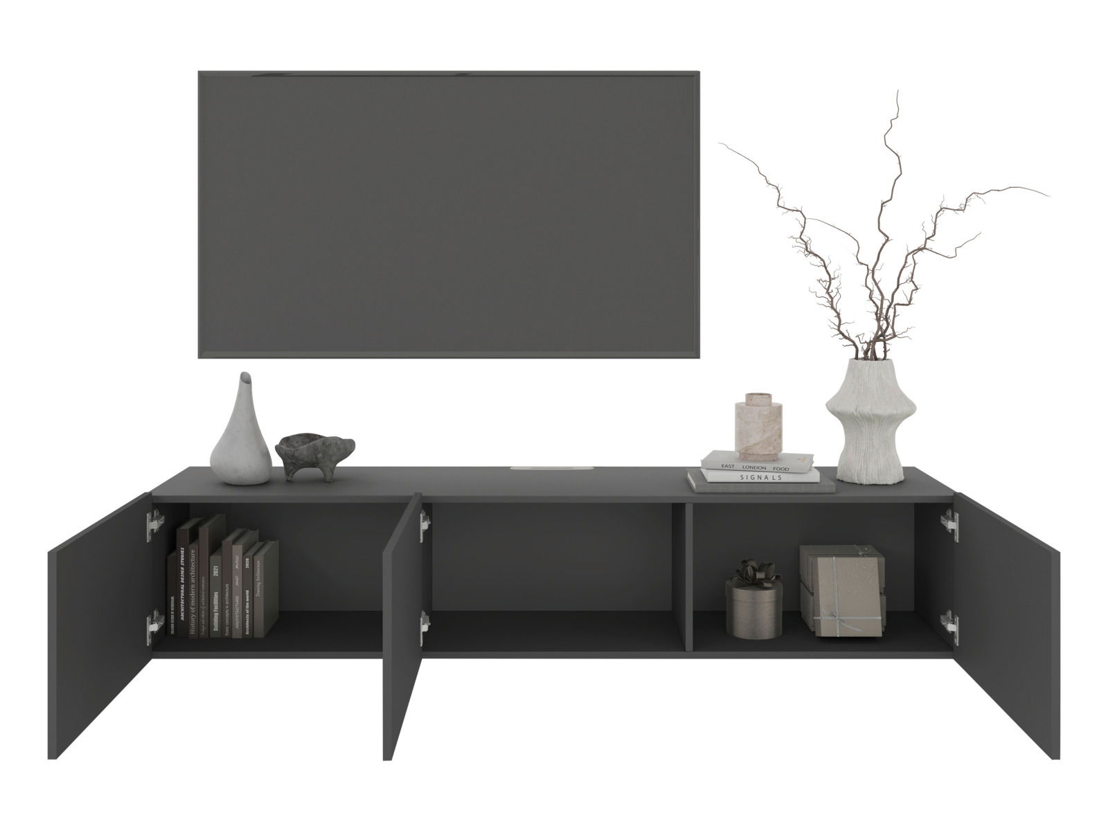 Frontale Ansicht eines modernen TV-Hängelowboards in dunklem Grau mit offenen Türen, dekoriert mit Vasen, Büchern und einem Kunstobjekt.