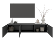 Frontale Ansicht eines modernen TV-Hängelowboards in dunklem Grau mit offenen Türen, dekoriert mit Vasen, Büchern und einem Kunstobjekt.