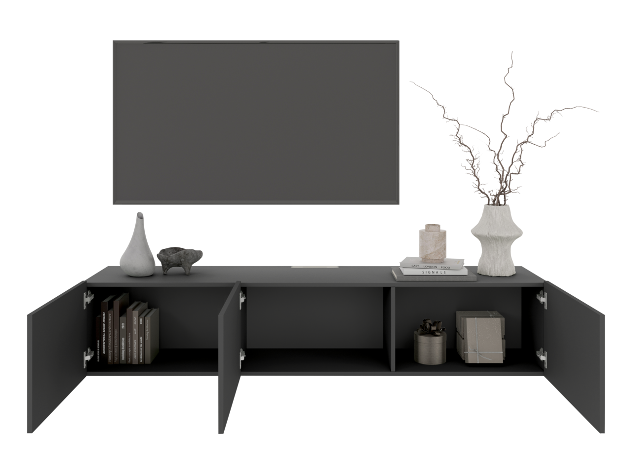 Frontale Ansicht eines modernen TV-Hängelowboards in dunklem Grau mit offenen Türen, dekoriert mit Vasen, Büchern und einem Kunstobjekt.