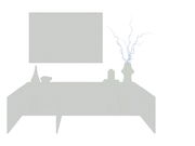 Frontale Ansicht eines modernen TV-Hängelowboards in dunklem Grau mit offenen Türen, dekoriert mit Vasen, Büchern und einem Kunstobjekt.