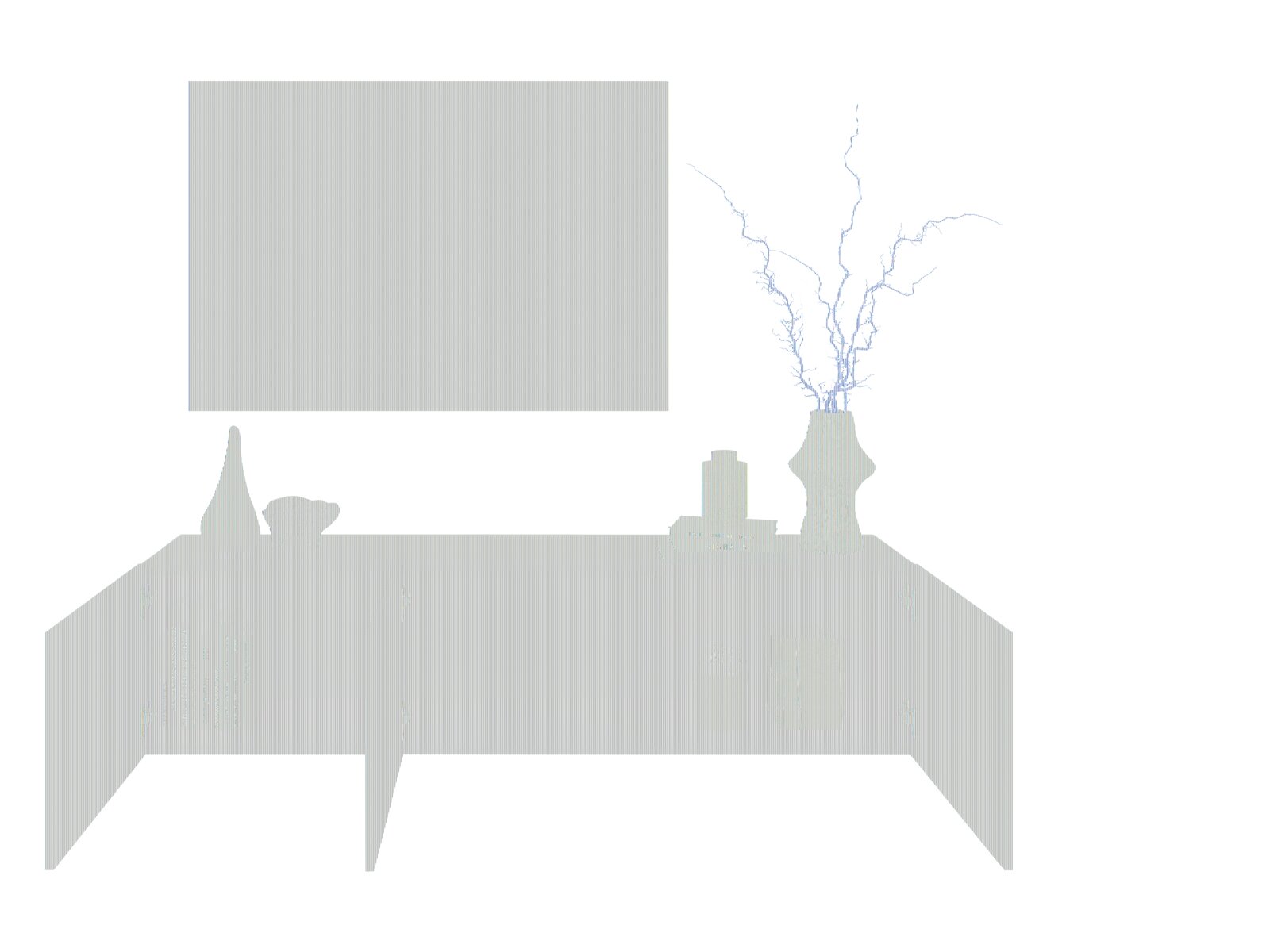 Frontale Ansicht eines modernen TV-Hängelowboards in dunklem Grau mit offenen Türen, dekoriert mit Vasen, Büchern und einem Kunstobjekt.