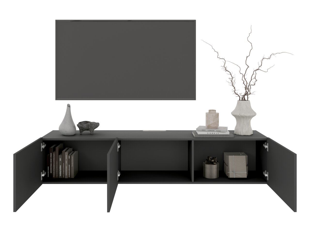 Vooraanzicht van een modern hangend tv-meubel in donkergrijs met open deuren, versierd met vazen, boeken en een kunstobject.