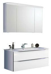 Moderne Badkombination mit Spiegelschrank und Waschbeckenunterschrank, seitliche Perspektive