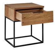 Nachtkommode aus Holz mit offenem Schubfach, modernes Design mit Metallgestell, seitliche Perspektive