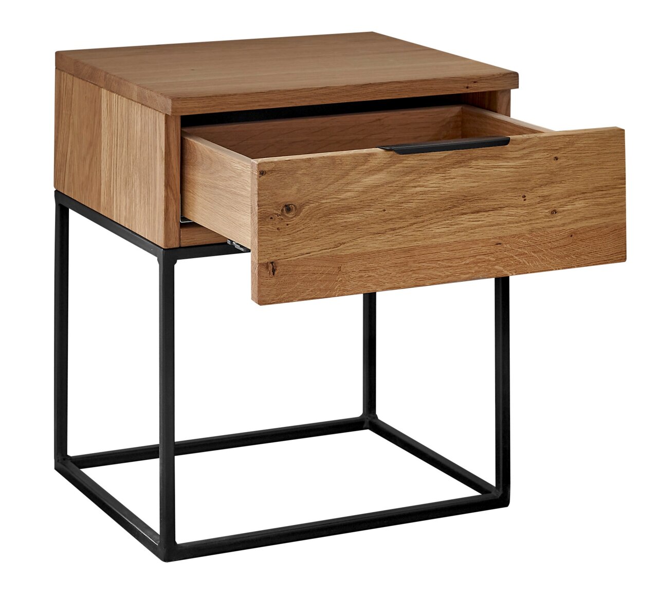 Nachtkommode aus Holz mit offenem Schubfach, modernes Design mit Metallgestell, seitliche Perspektive