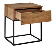 Nachtkommode aus Holz mit offenem Schubfach, modernes Design mit Metallgestell, seitliche Perspektive