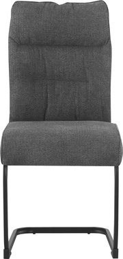Gepolsterter Freischwinger-Stuhl mit dunkelgrauem Stoffbezug und schwarzem Metallgestell, Frontansicht