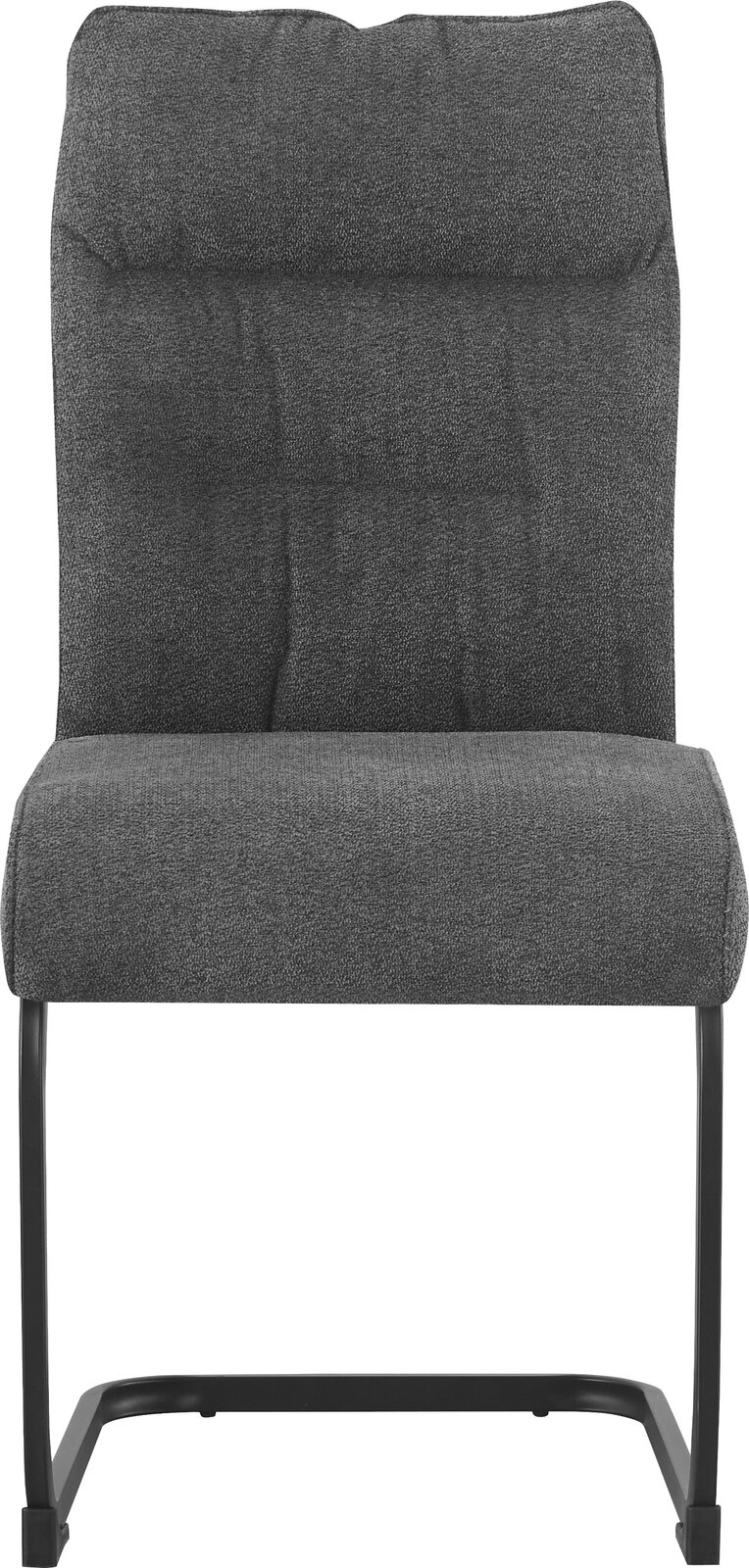 Gepolsterter Freischwinger-Stuhl mit dunkelgrauem Stoffbezug und schwarzem Metallgestell, Frontansicht