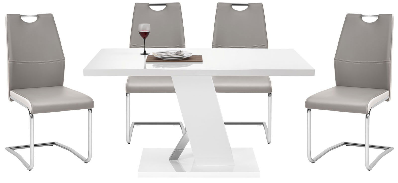 Moderner Schwingstuhl in Grau mit verchromtem Gestell, frontal vor einem weißen Tisch mit gedecktem Platz.