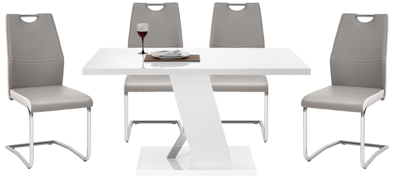 Moderner Schwingstuhl in Grau mit verchromtem Gestell, frontal vor einem weißen Tisch mit gedecktem Platz.