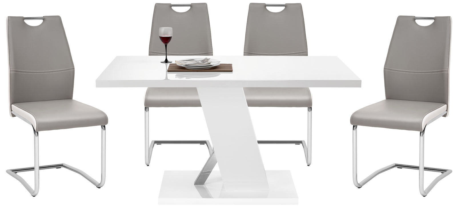 Moderner Schwingstuhl in Grau mit verchromtem Gestell, frontal vor einem weißen Tisch mit gedecktem Platz.