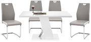 Moderner Schwingstuhl in Grau mit verchromtem Gestell, frontal vor einem weißen Tisch mit gedecktem Platz.