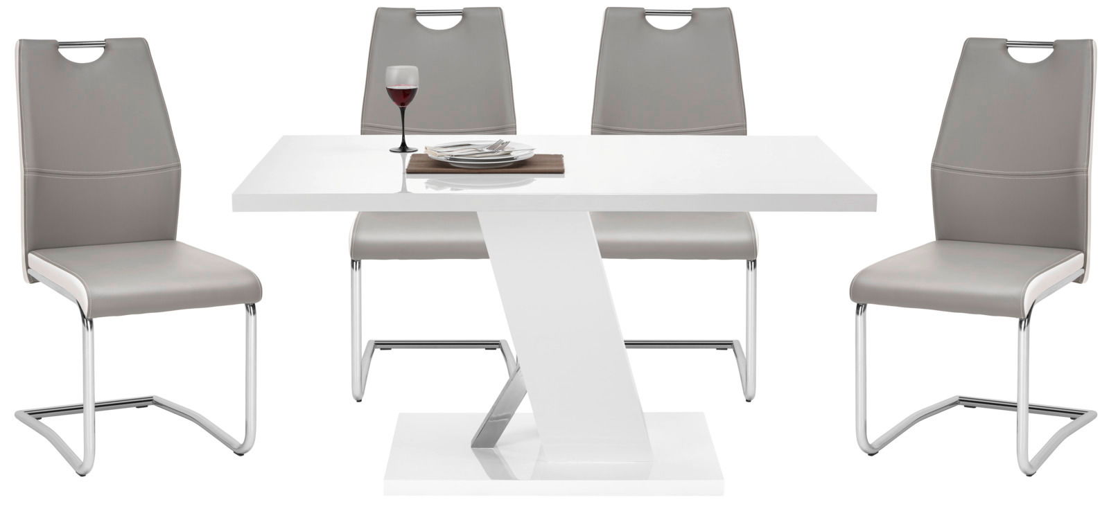 Moderner Schwingstuhl in Grau mit verchromtem Gestell, frontal vor einem weißen Tisch mit gedecktem Platz.