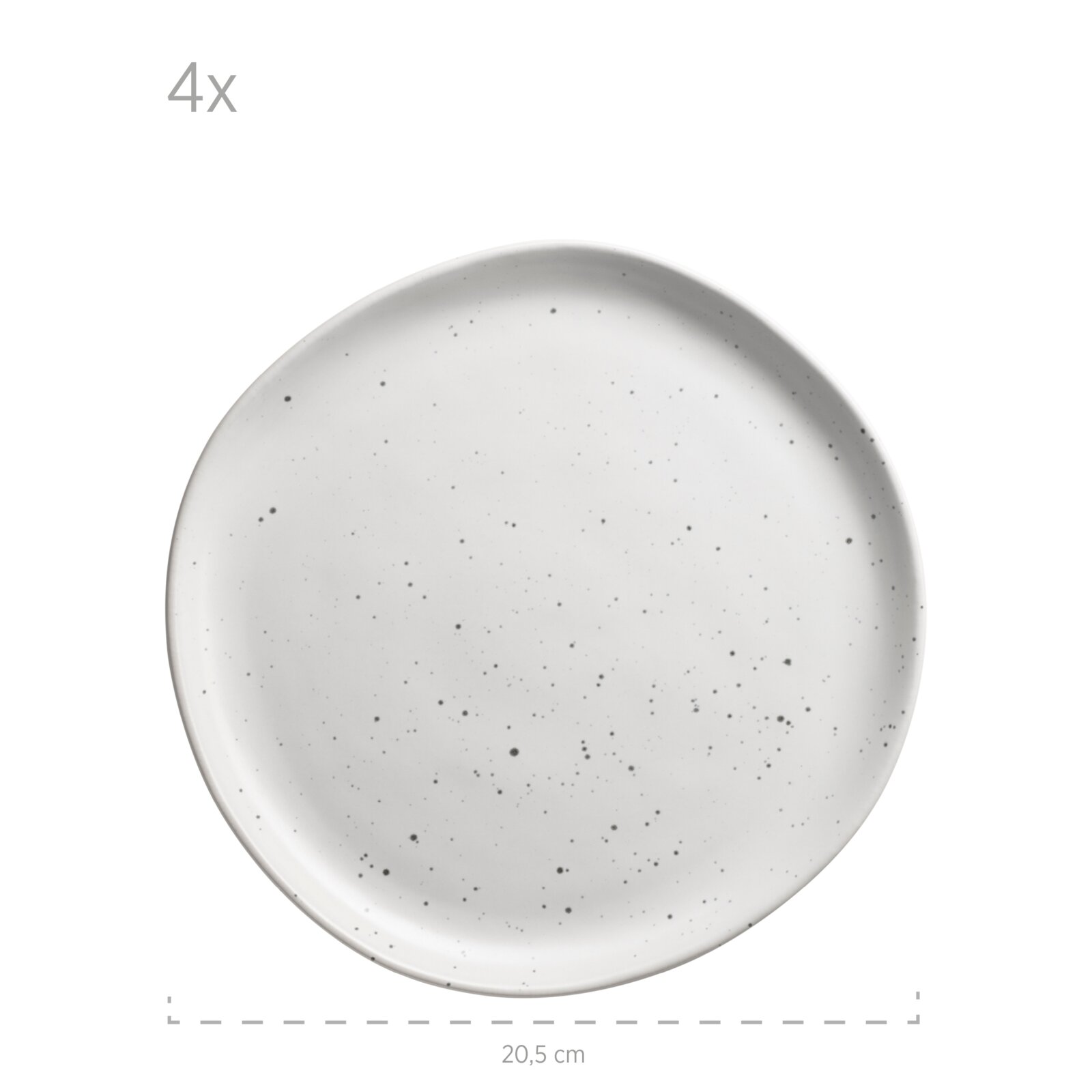 Runder, weißer Speiseteller mit feinen grauen Sprenkeln (Ø ca. 20,5 cm), Draufsicht/Top-Down-Perspektive auf weißem Hintergrund; Hinweis „4x“