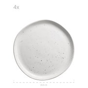 Runder, weißer Speiseteller mit feinen grauen Sprenkeln (Ø ca. 20,5 cm), Draufsicht/Top-Down-Perspektive auf weißem Hintergrund; Hinweis „4x“