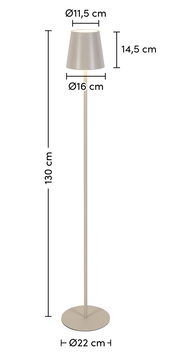 Akku-Stehleuchte in seitlicher Ansicht mit einem schlichten, modernen Design. Der Lampenschirm hat einen Durchmesser von 11,5 cm und eine Höhe von 14,5 cm. Die Gesamthöhe der Lampe beträgt 130 cm, mit einem stabilen Standfuß von 22 cm Durchmesser.