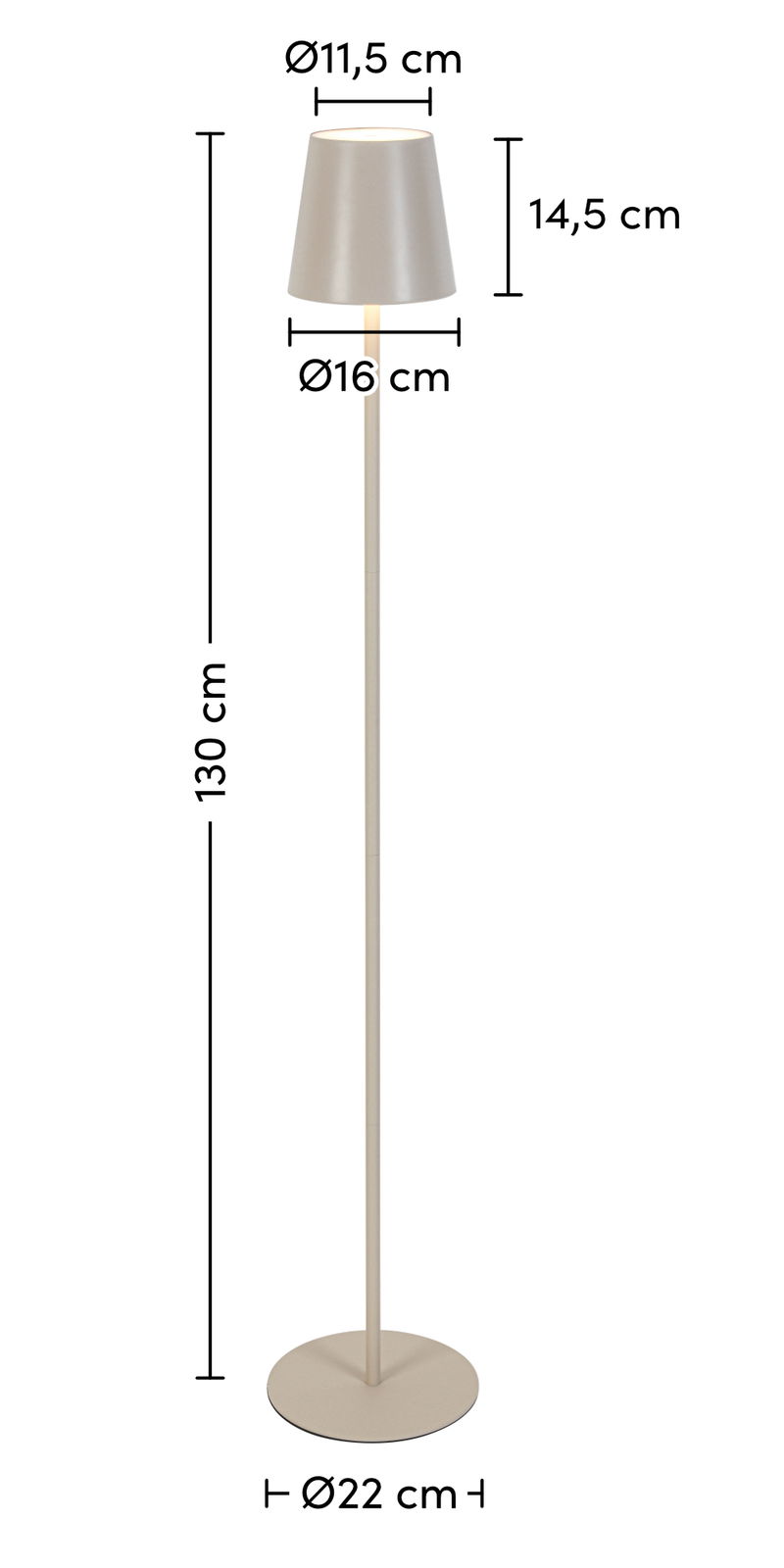 Akku-Stehleuchte in seitlicher Ansicht mit einem schlichten, modernen Design. Der Lampenschirm hat einen Durchmesser von 11,5 cm und eine Höhe von 14,5 cm. Die Gesamthöhe der Lampe beträgt 130 cm, mit einem stabilen Standfuß von 22 cm Durchmesser.