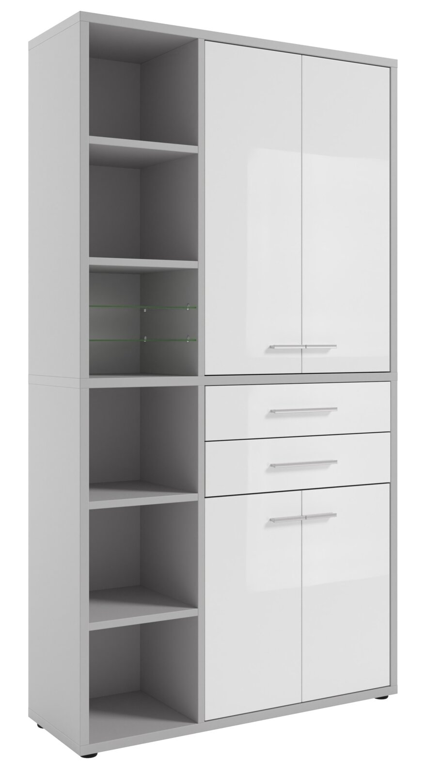 Hochformatiger Aktenschrank mit offenen Regalfächern und geschlossenen Schranktüren, Frontansicht.