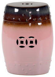 Keramik-Gartenhocker/Beistelltisch in Rosa mit braunem Farbverlauf, glänzender Glasur, Noppenstruktur und dekorativen Durchbrüchen, Produktansicht von vorne leicht von oben